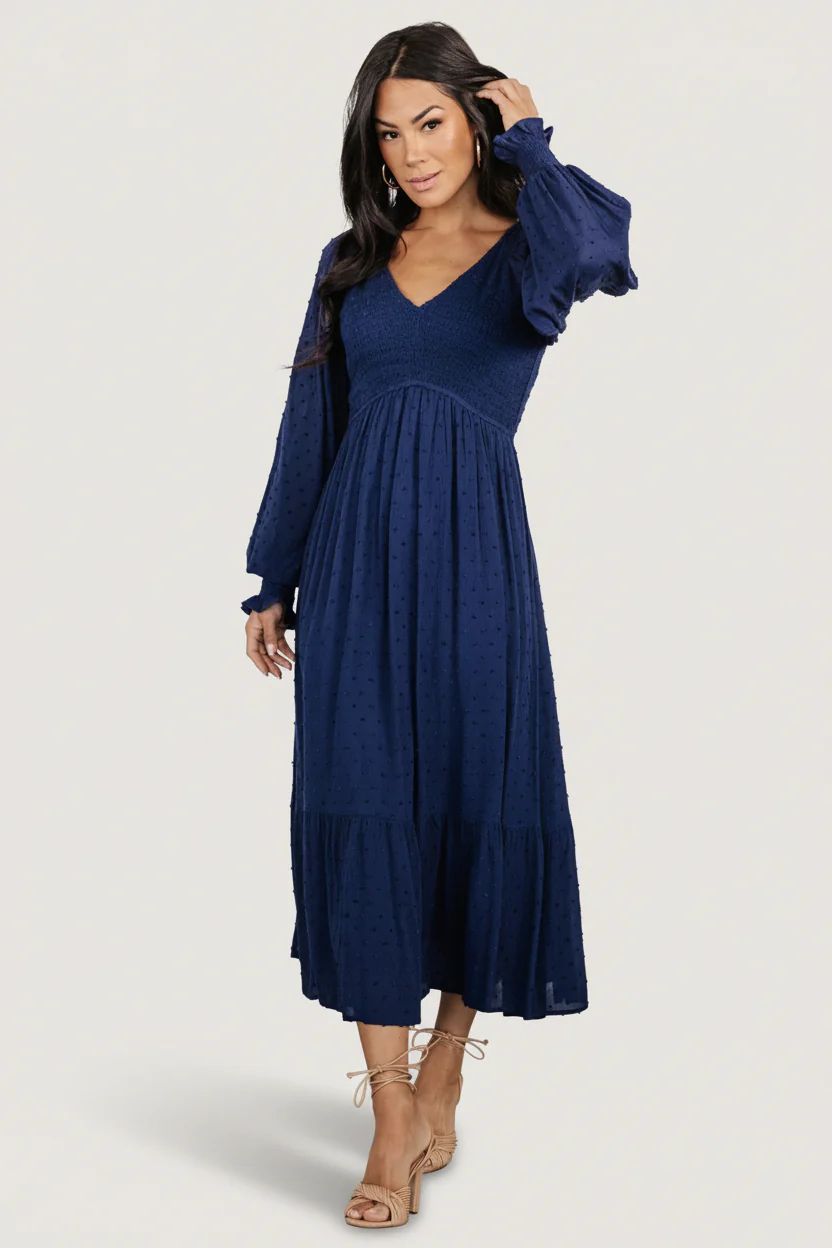 Lainey Smocked Dotted Midi Dress | Midnight Blue - Image 2