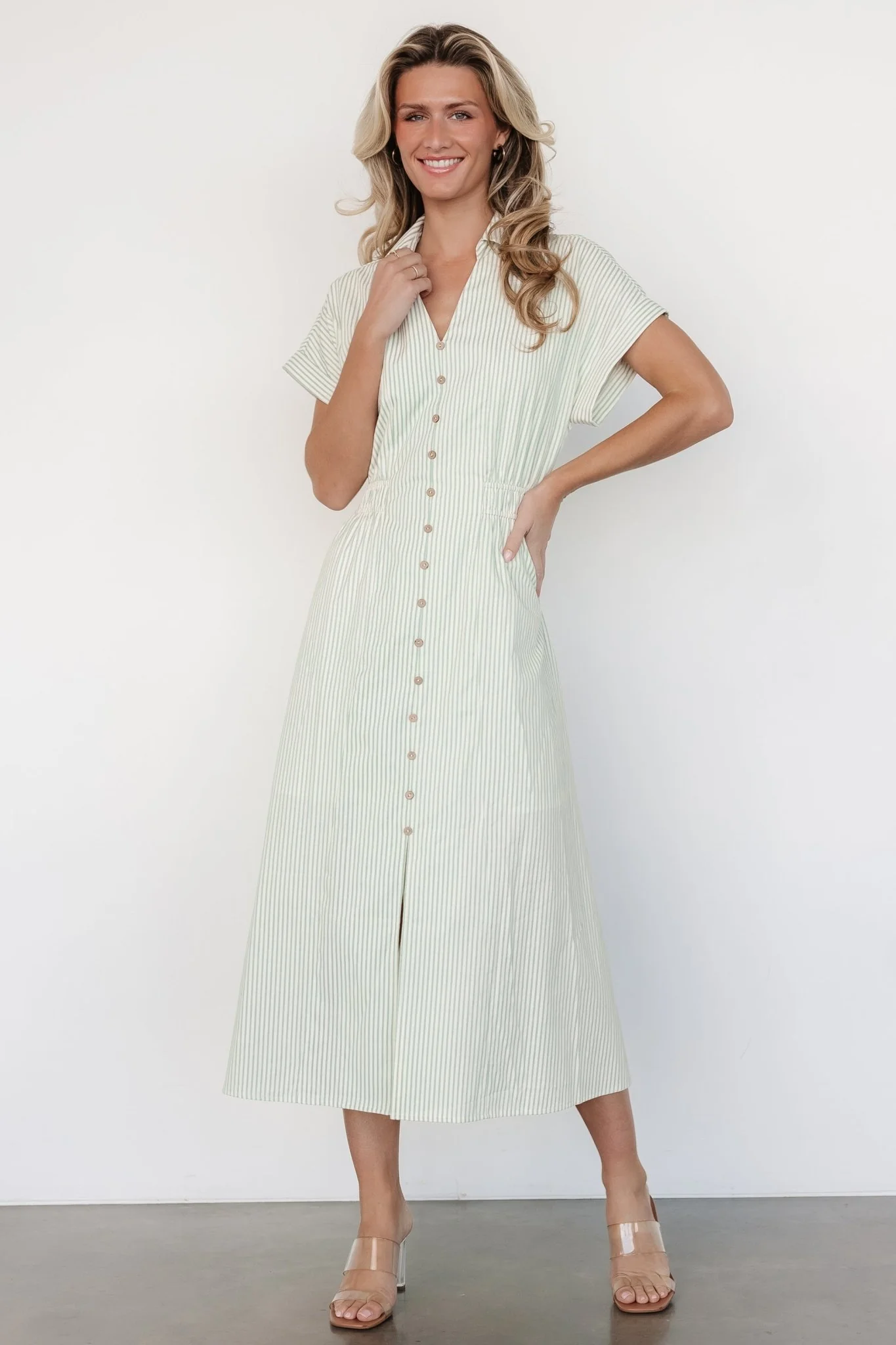 Larah Button Dress | Sage Stripe - Image 2