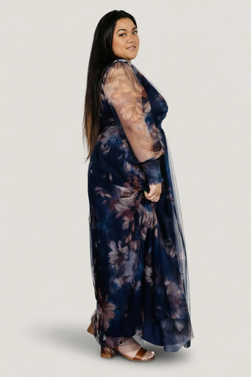 Layla Tulle Maxi Dress | Dark Blue Floral - Image 4