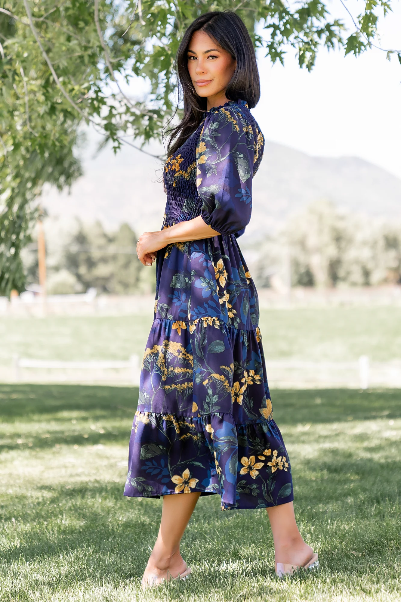 Lena Tiered Midi Dress | Navy + Gold Floral - Image 5