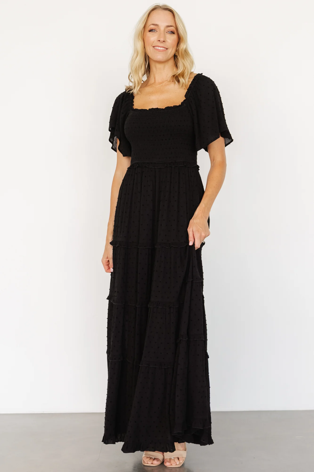Lenora Smocked Dotted Maxi Dress | Black - Image 2