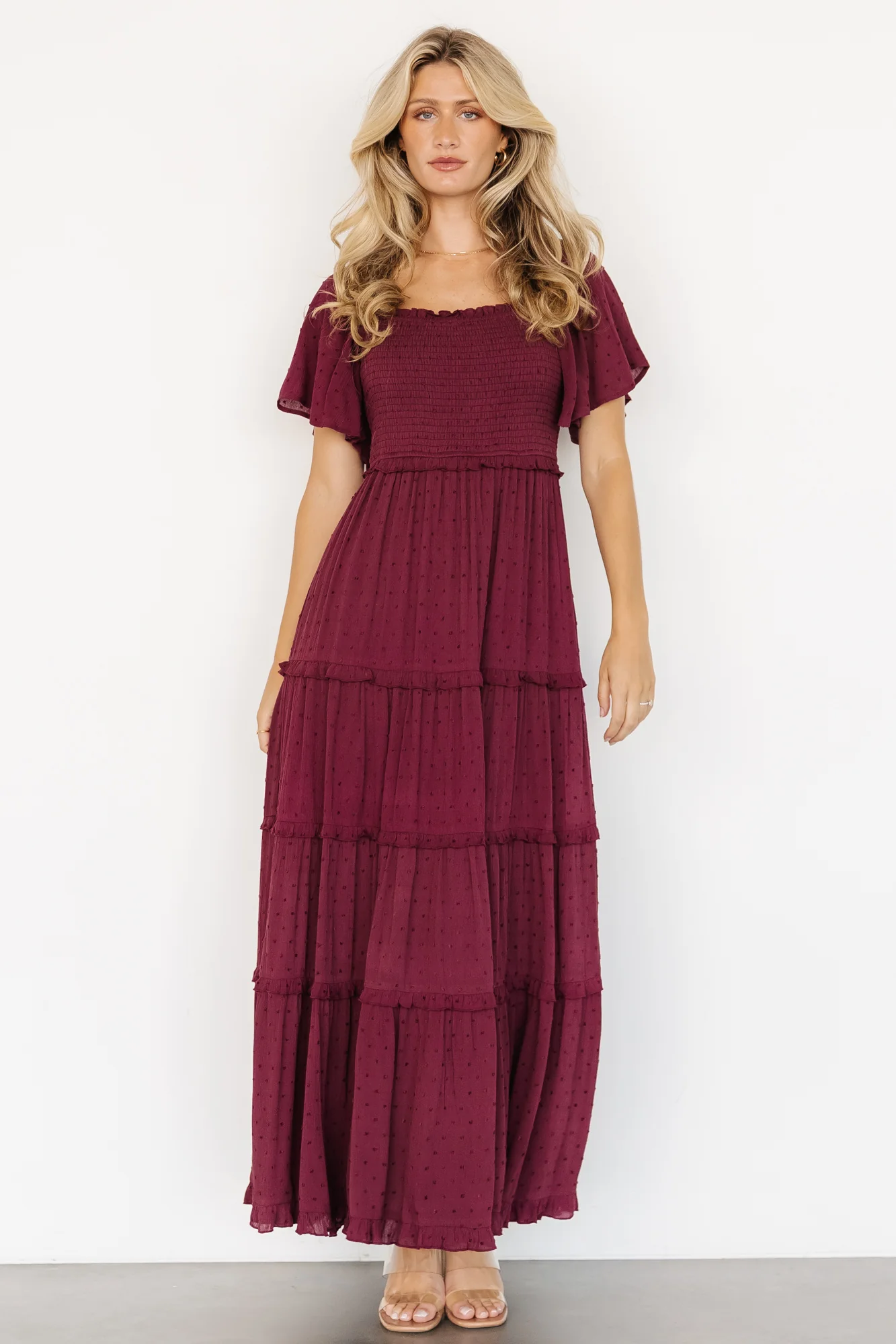 Lenora Smocked Dotted Maxi Dress | Wine - Image 5