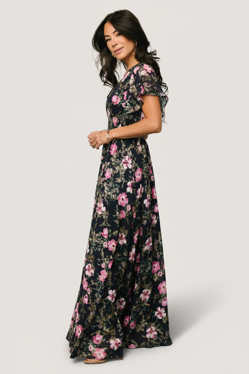 Lynlee Metallic Maxi Dress | Dark Blue + Pink - Image 6