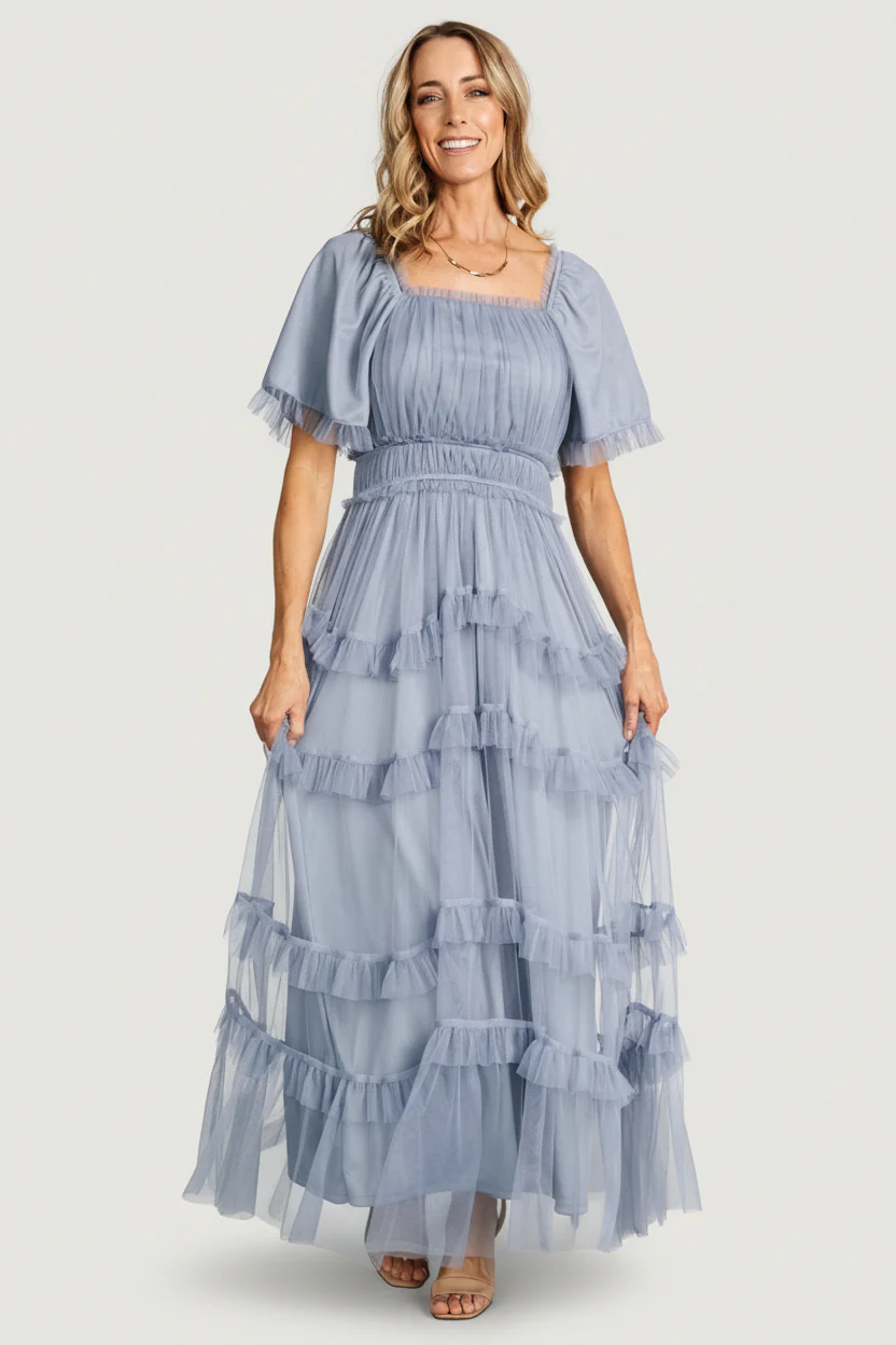 Magdalena Tulle Maxi Dress | Dusty Blue - Image 7