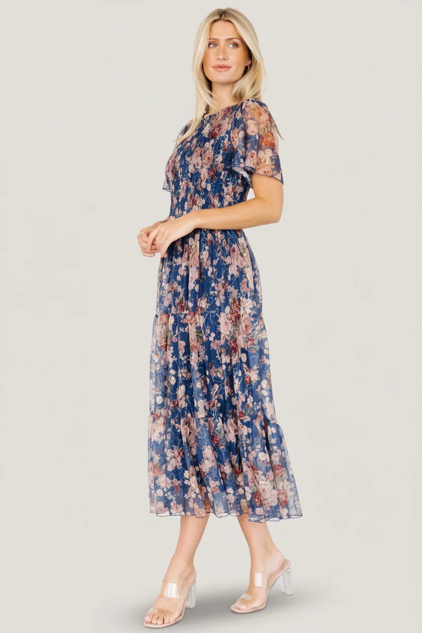 Mara Embroidered Tulle Dress | Dark Blue Multi Floral - Image 3
