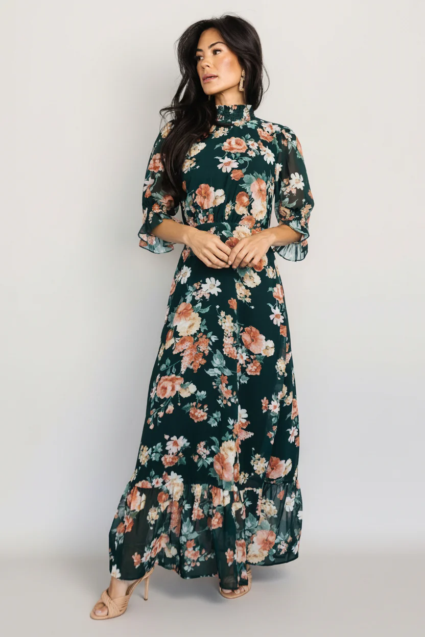 Marie Mock Neck Maxi Dress | Dark Green Floral