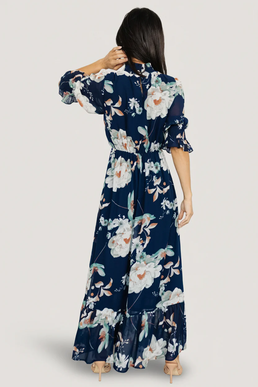 Marie Mock Neck Maxi Dress | Navy Floral - Image 4