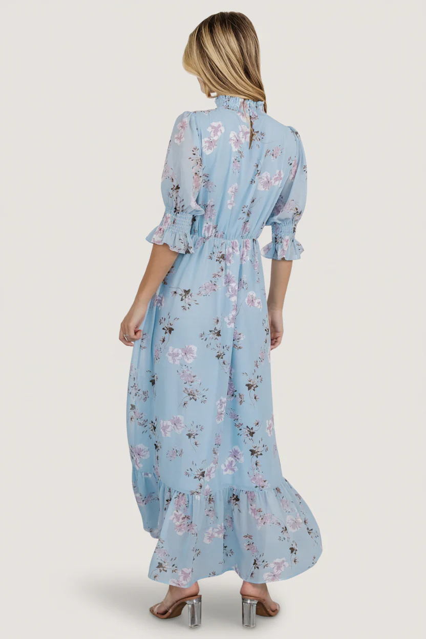 Marie Mock Neck Maxi Dress | Sky Blue Floral - Image 4
