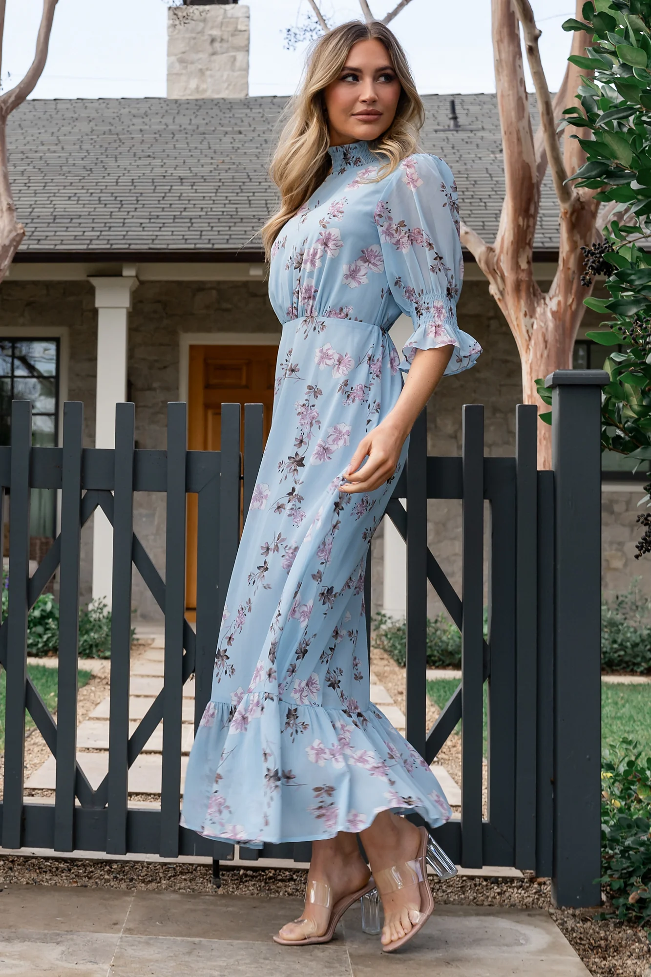 Marie Mock Neck Maxi Dress | Sky Blue Floral - Image 5