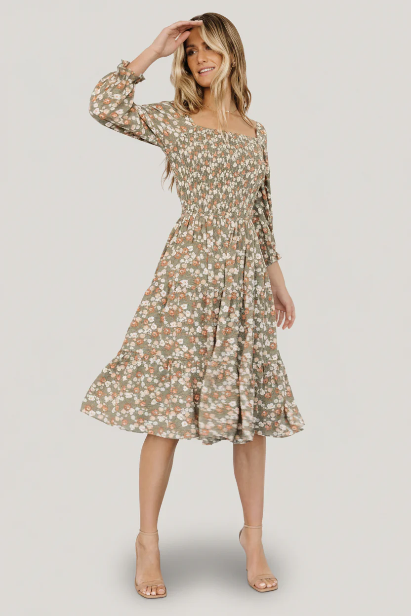 Marta Smocked Midi Dress | Dusty Olive Floral - Image 4