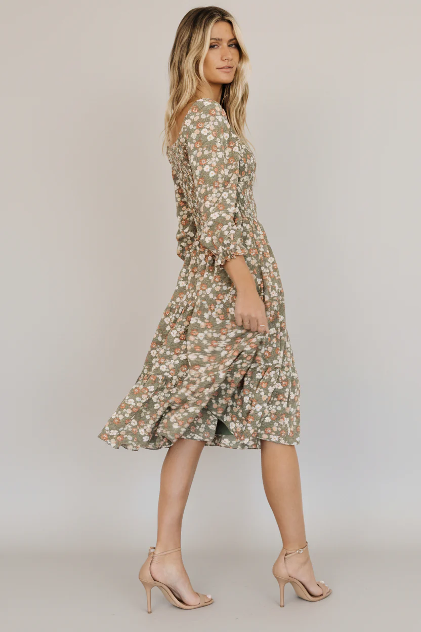 Marta Smocked Midi Dress | Dusty Olive Floral - Image 5