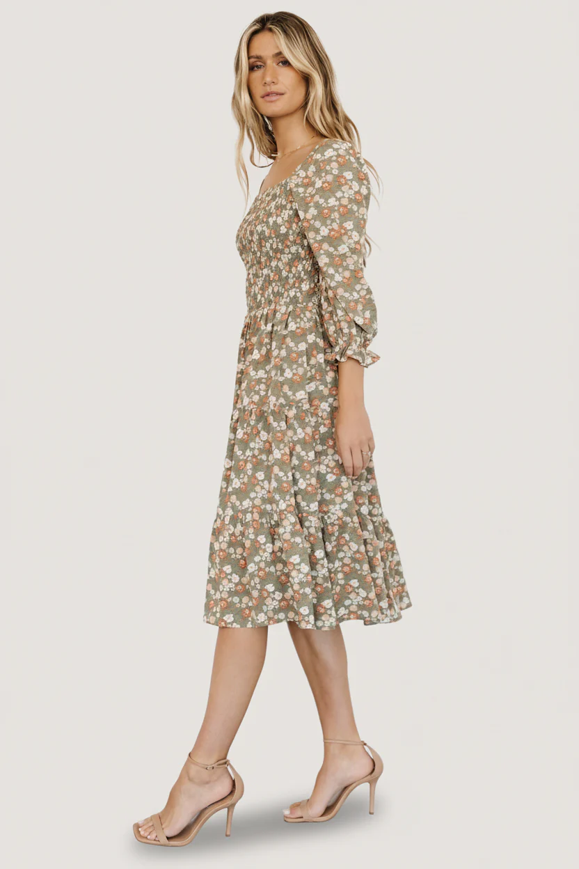 Marta Smocked Midi Dress | Dusty Olive Floral - Image 6