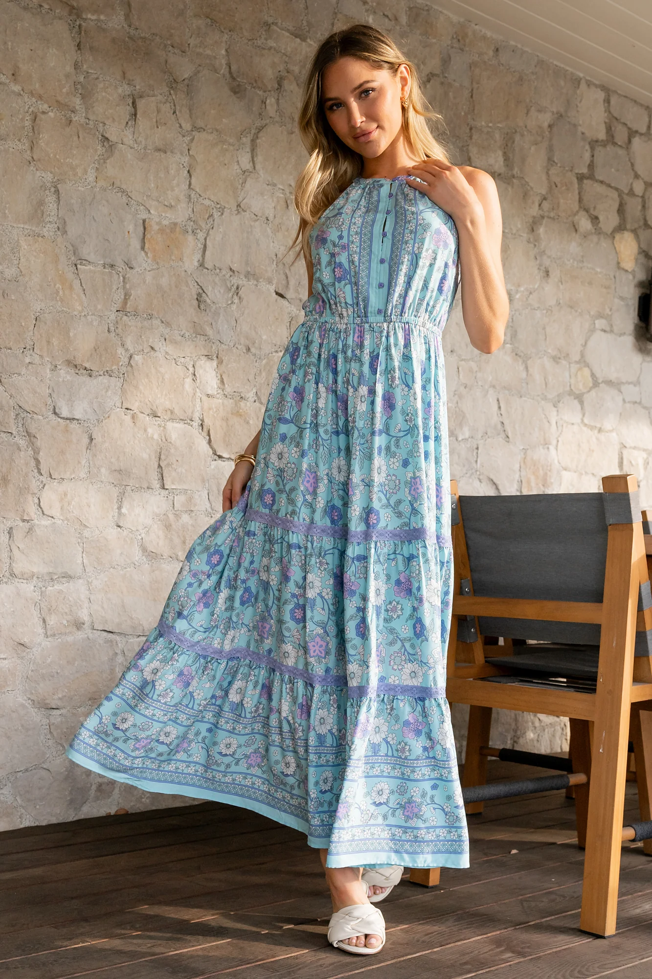 Meline Button Front Maxi Dress | Light Blue Multi - Image 5