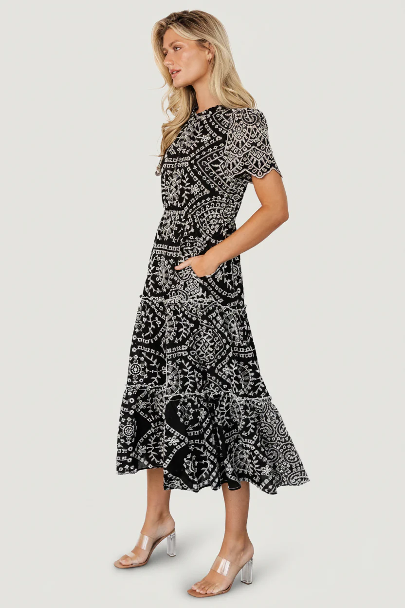 Mirabel Eyelet Midi Dress | Black + White - Image 3