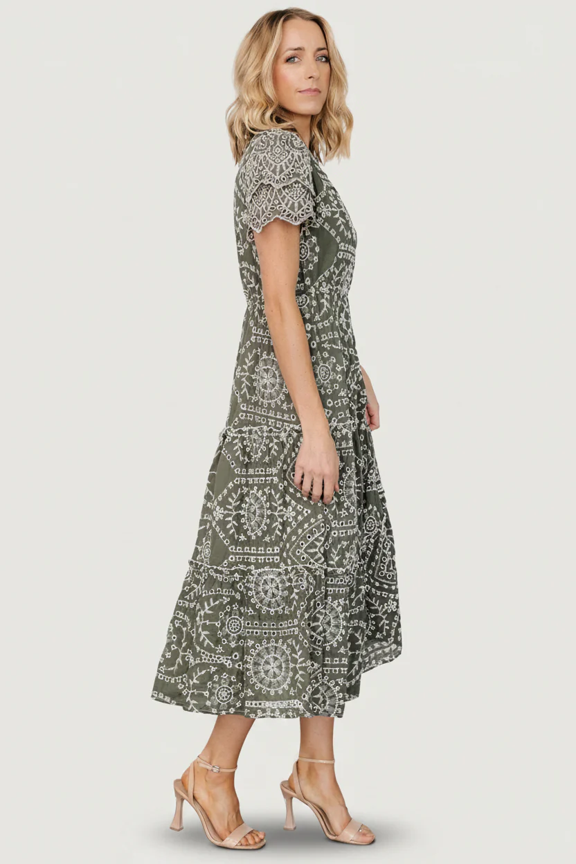 Mirabel Eyelet Midi Dress | Olive + White - Image 3