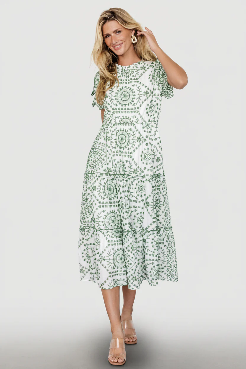 Mirabel Eyelet Midi Dress | White + Green