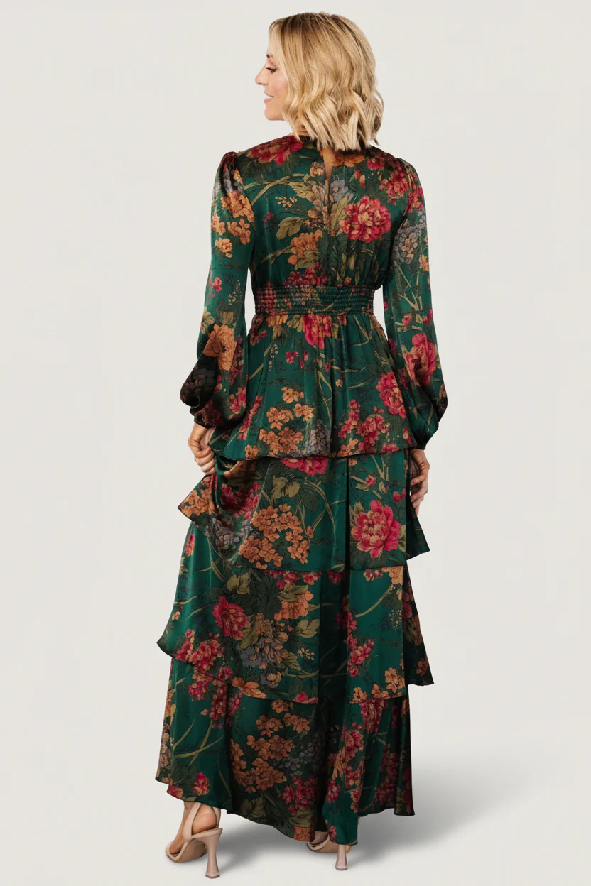 Montrouge Tiered Satin Dress | Emerald Floral - Image 4