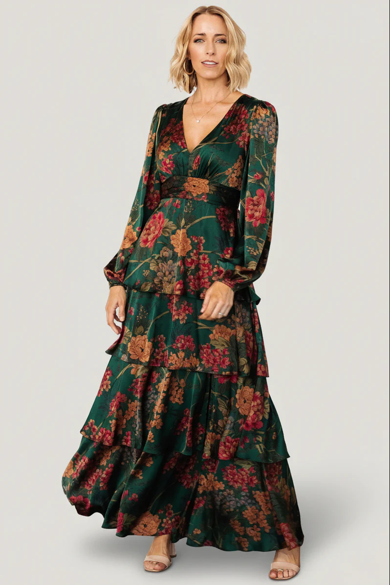 Montrouge Tiered Satin Dress | Emerald Floral - Image 5