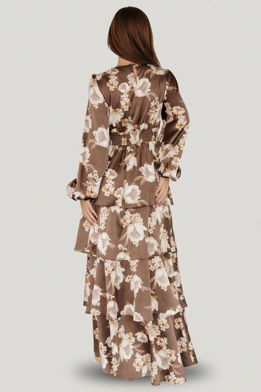 Montrouge Tiered Satin Dress | Mocha Floral - Image 4