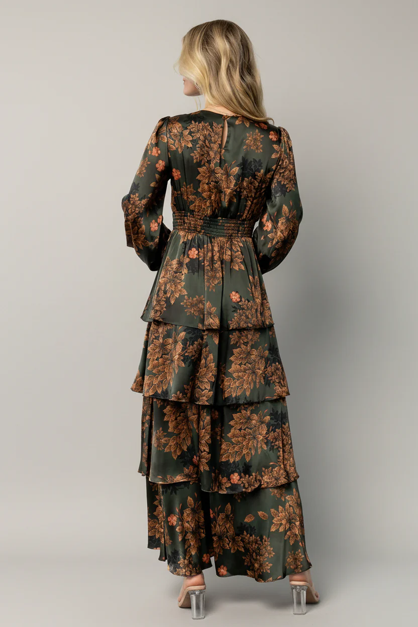 Montrouge Tiered Satin Dress | Olive Floral - Image 4