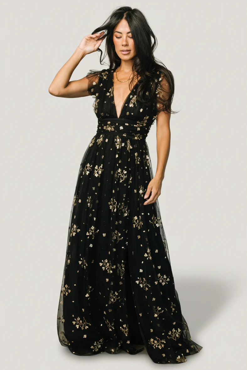 Natalia Floral Embellished Maxi Dress | Black + Gold - Image 5