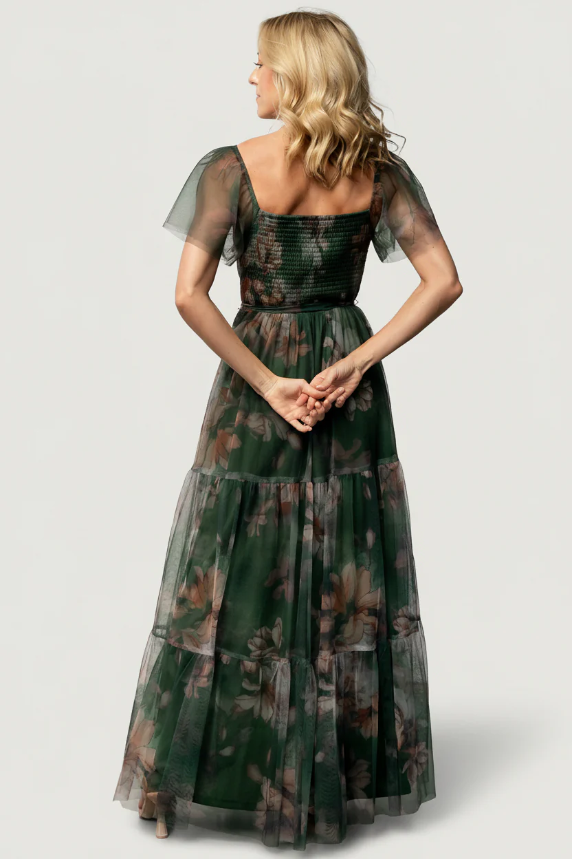 Nicola Tulle Maxi Dress | Deep Green Floral - Image 4