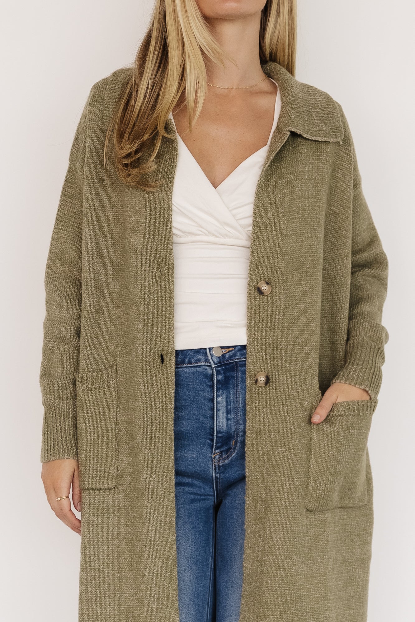 Ontario Long Button Cardigan | Olive - Image 2