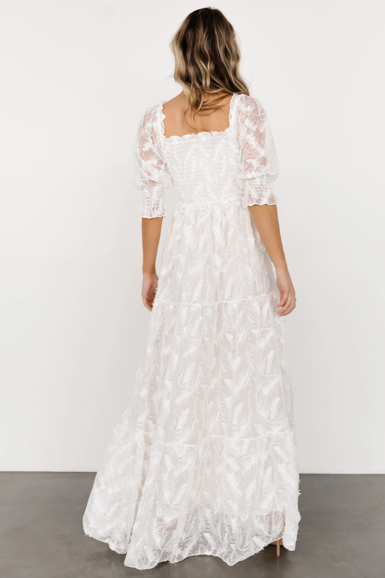 Paloma Smocked Feather Maxi Dress | Off White - Image 4