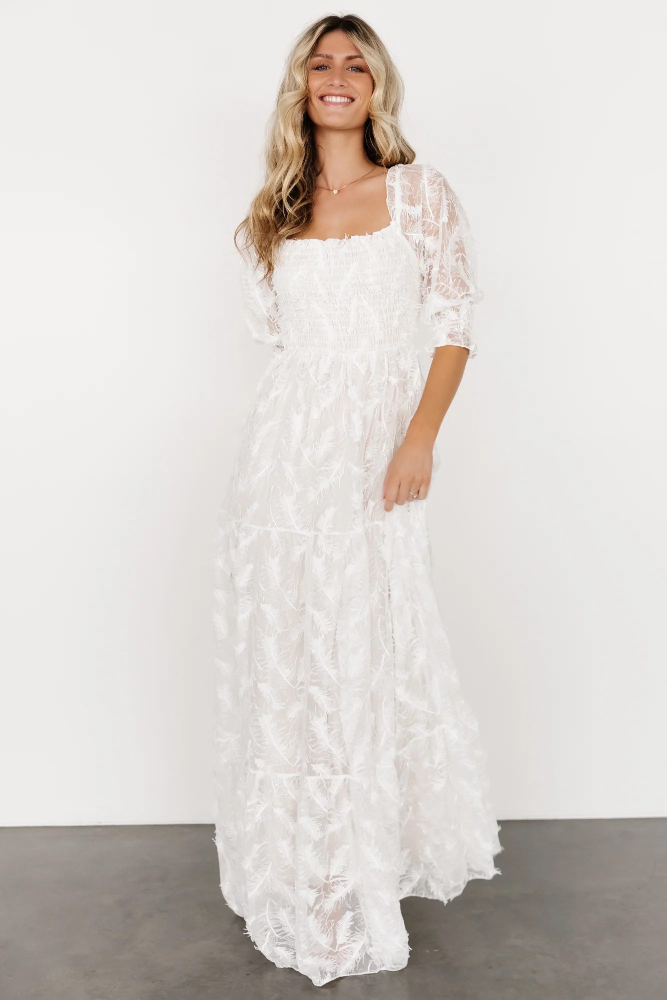 Paloma Smocked Feather Maxi Dress | Off White - Image 7