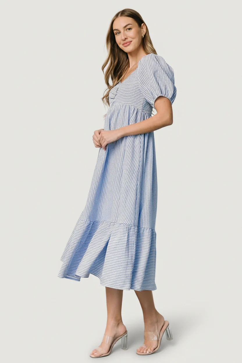 Poppy Midi Dress | Blue + Off White - Image 4