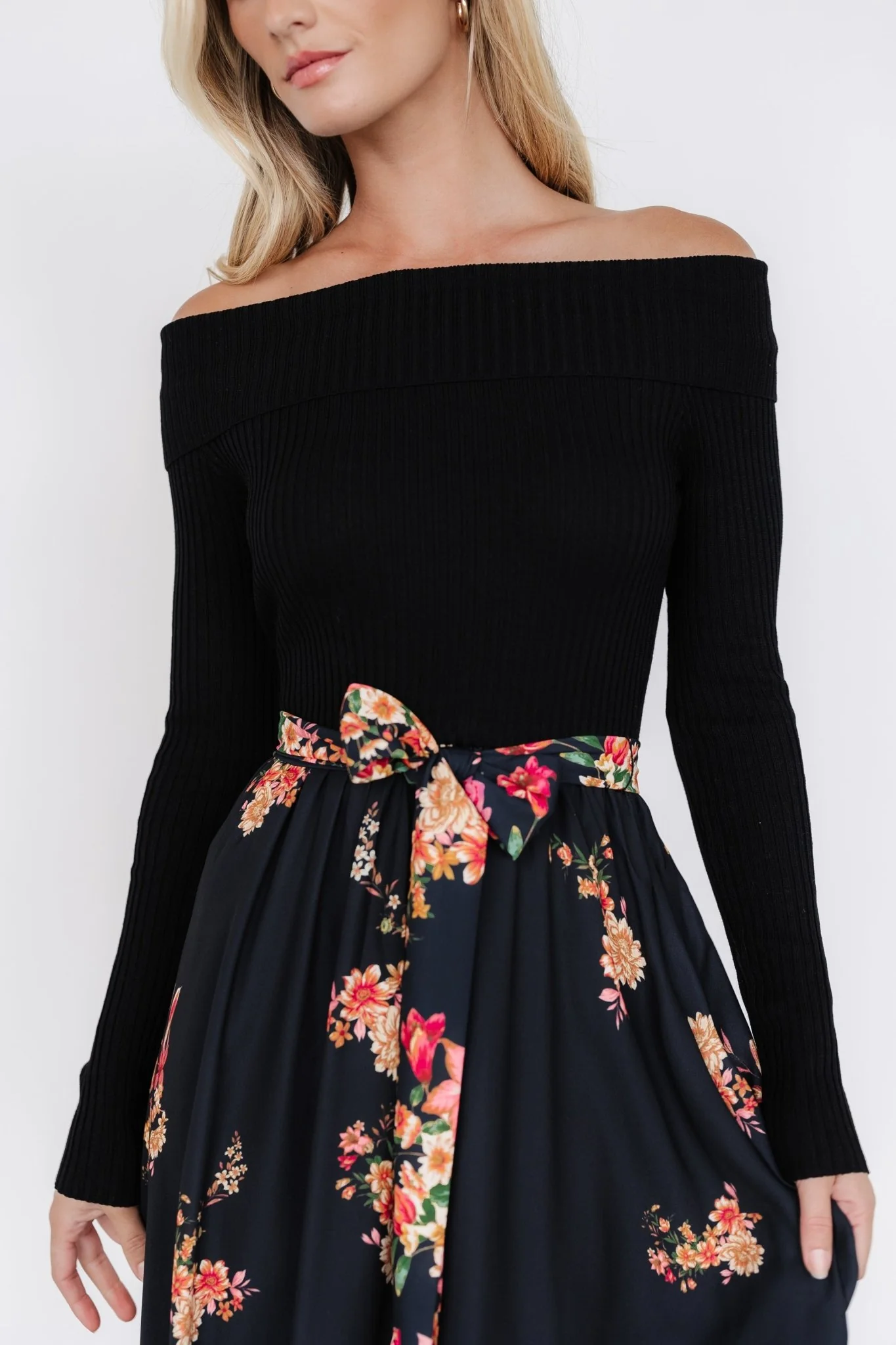 Qadira Off Shoulder Dress | Black + Multi Floral - Image 2