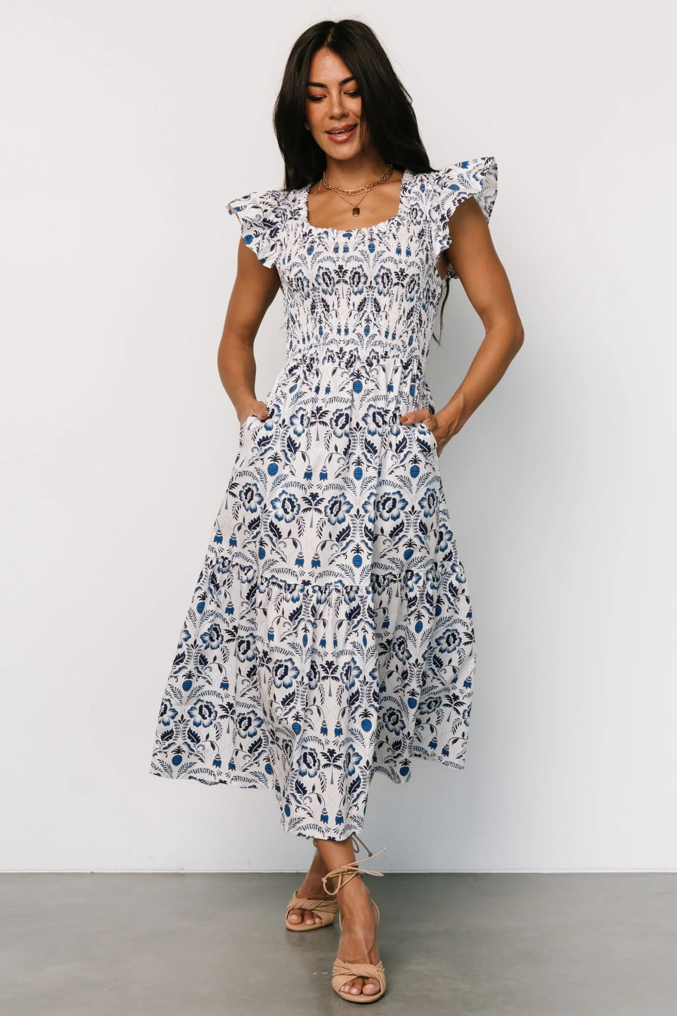Rhodes Smocked Dress | White + Blue Print - Image 5