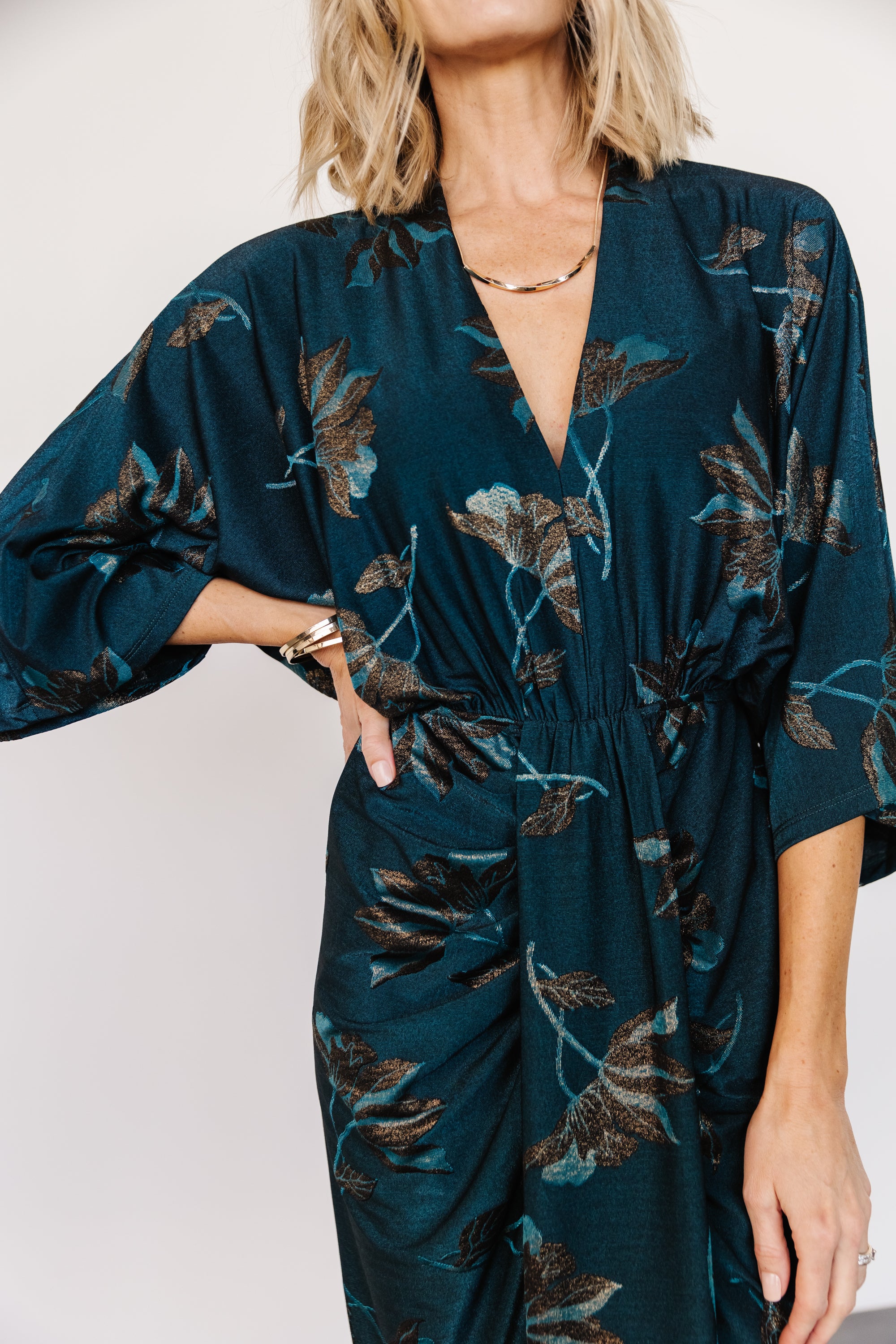 Shaneen Ruched Midi Dress | Jade Floral Shimmer - Image 3