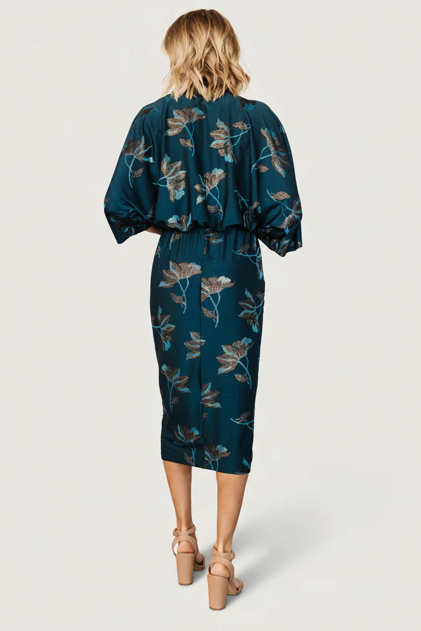Shaneen Ruched Midi Dress | Jade Floral Shimmer - Image 7