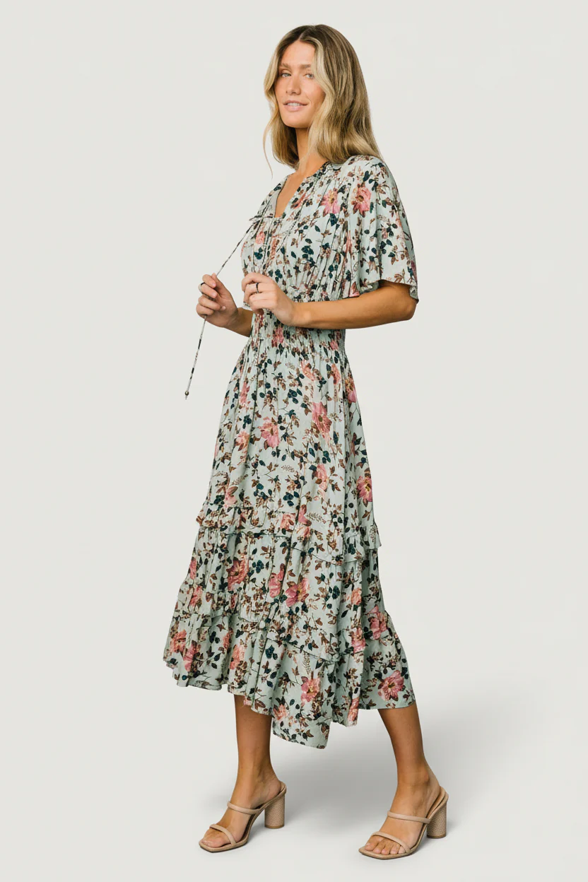 Spell Boho Midi Dress | Sage + Pink Floral - Image 4