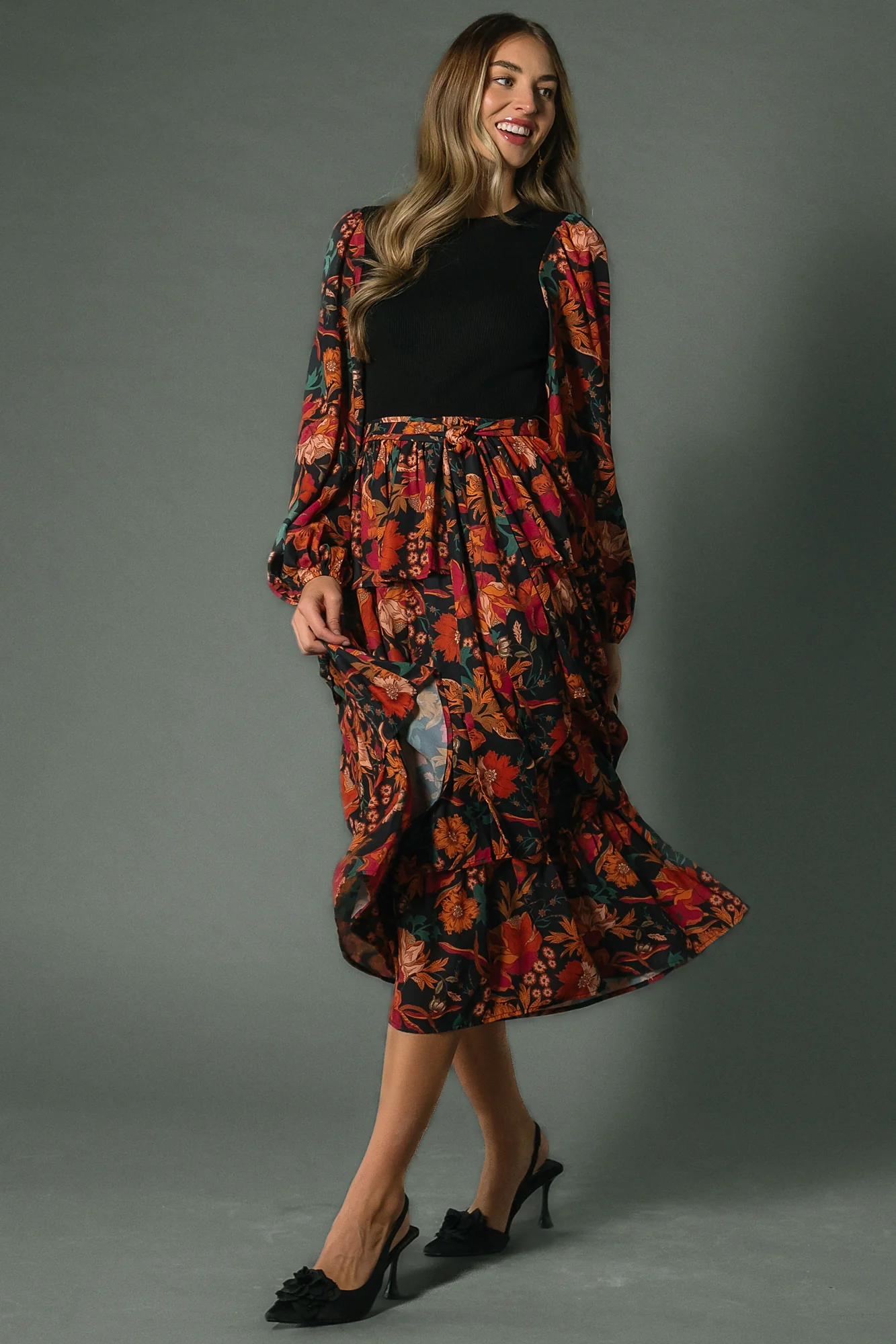 Sylvie Tiered Midi Dress | Black Multi - Image 3