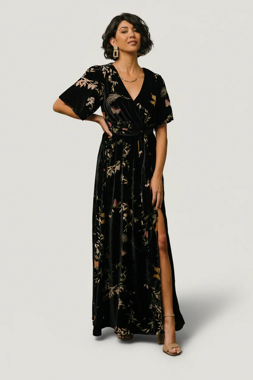 Uma Velvet Maxi Dress | Black Butterfly Print - Image 2