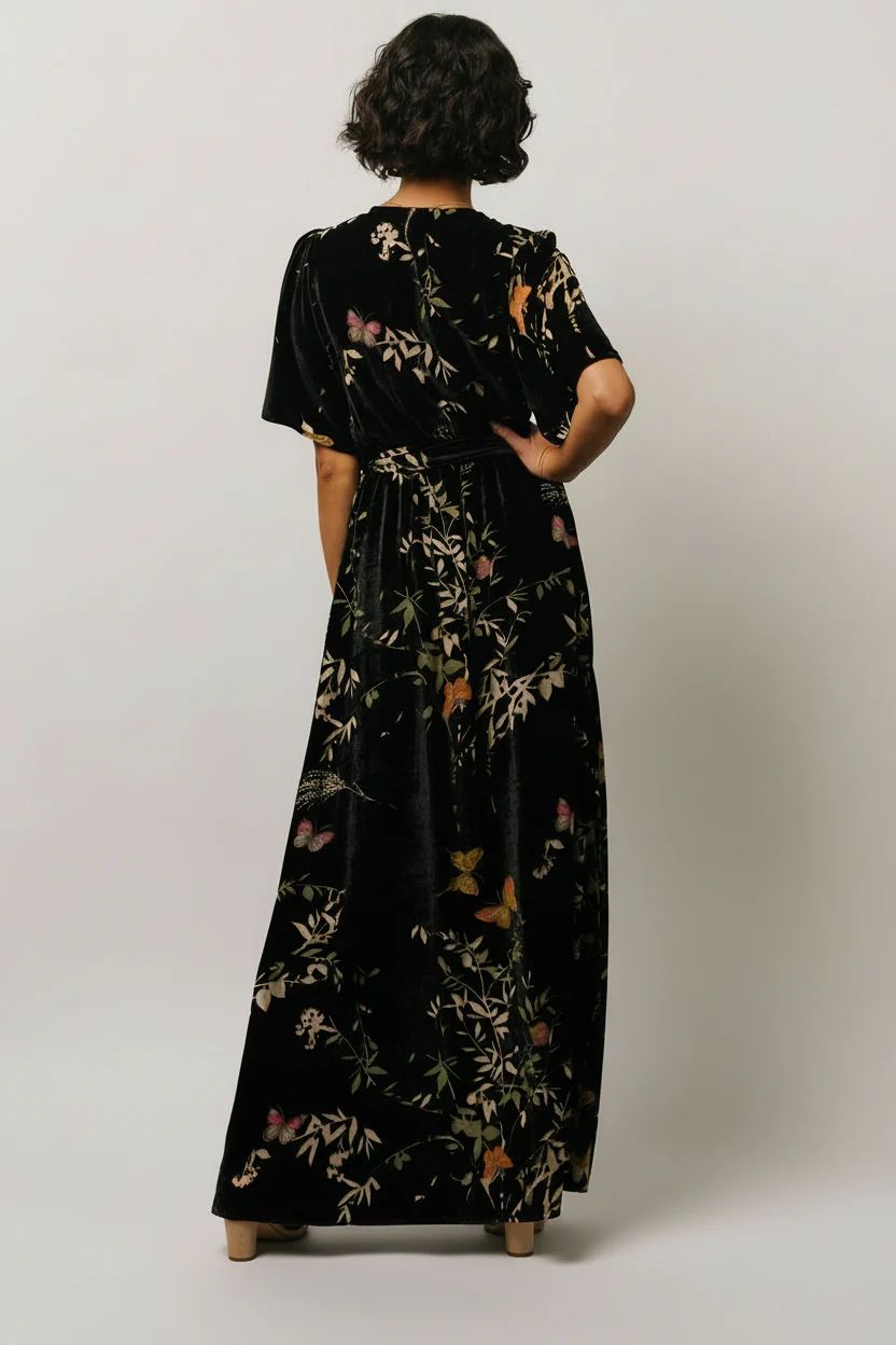Uma Velvet Maxi Dress | Black Butterfly Print - Image 9