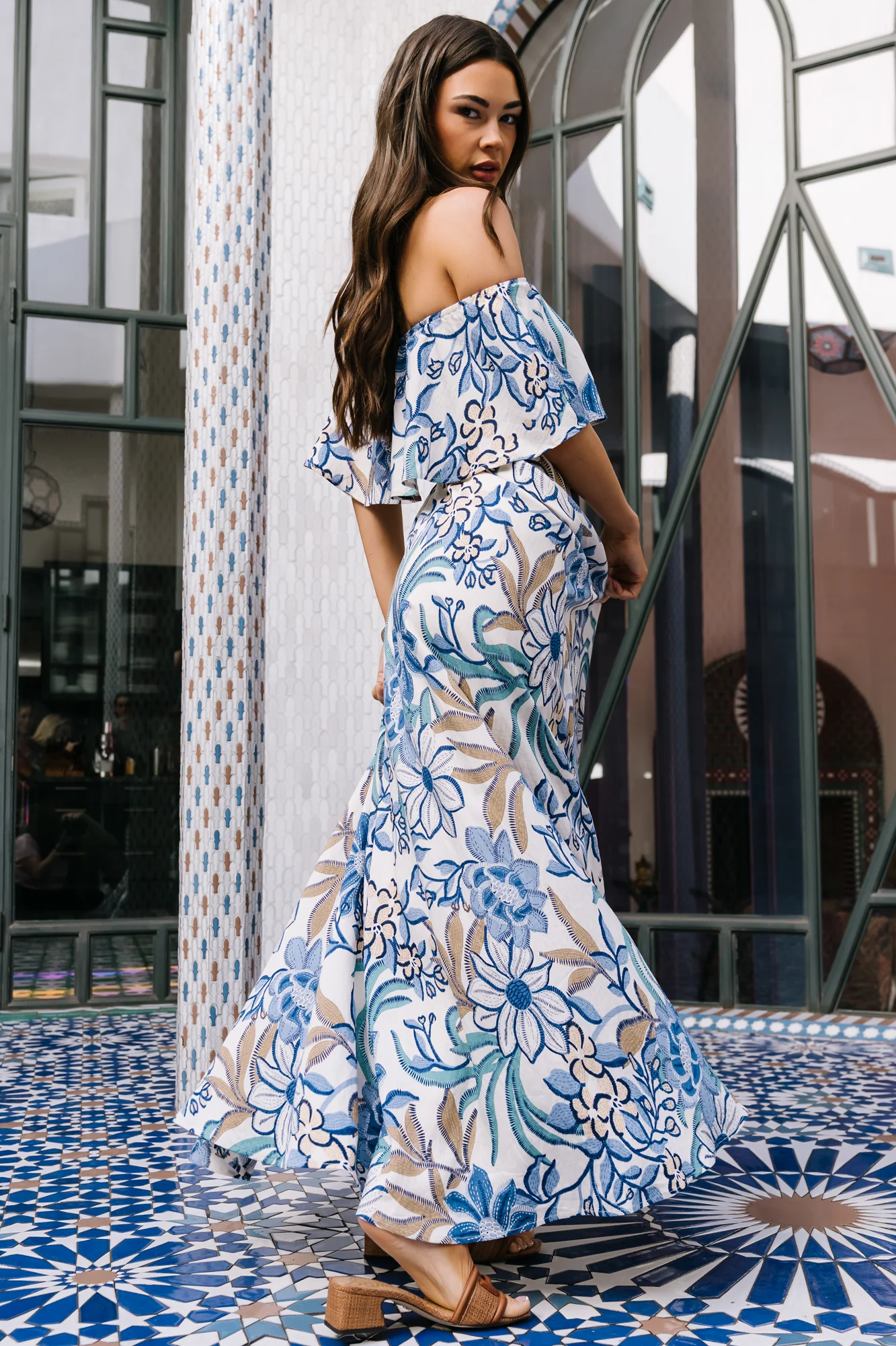 Valentina Off Shoulder Maxi Dress | Cream + Blue Multi - Image 3