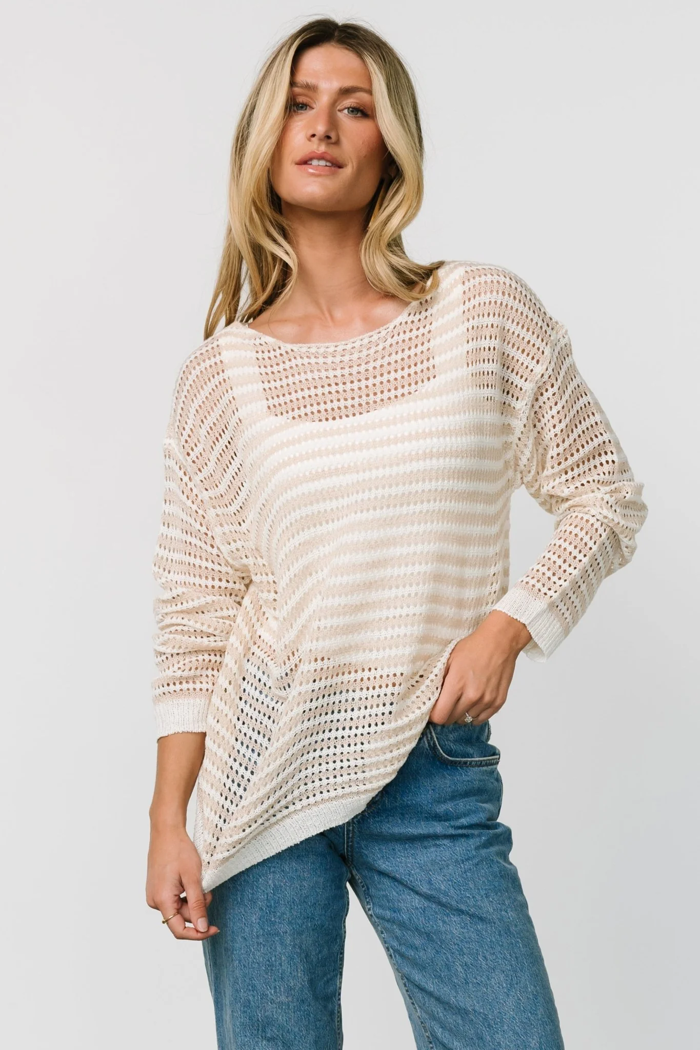 Valissa Open Knit Top | White + Sand - Image 3