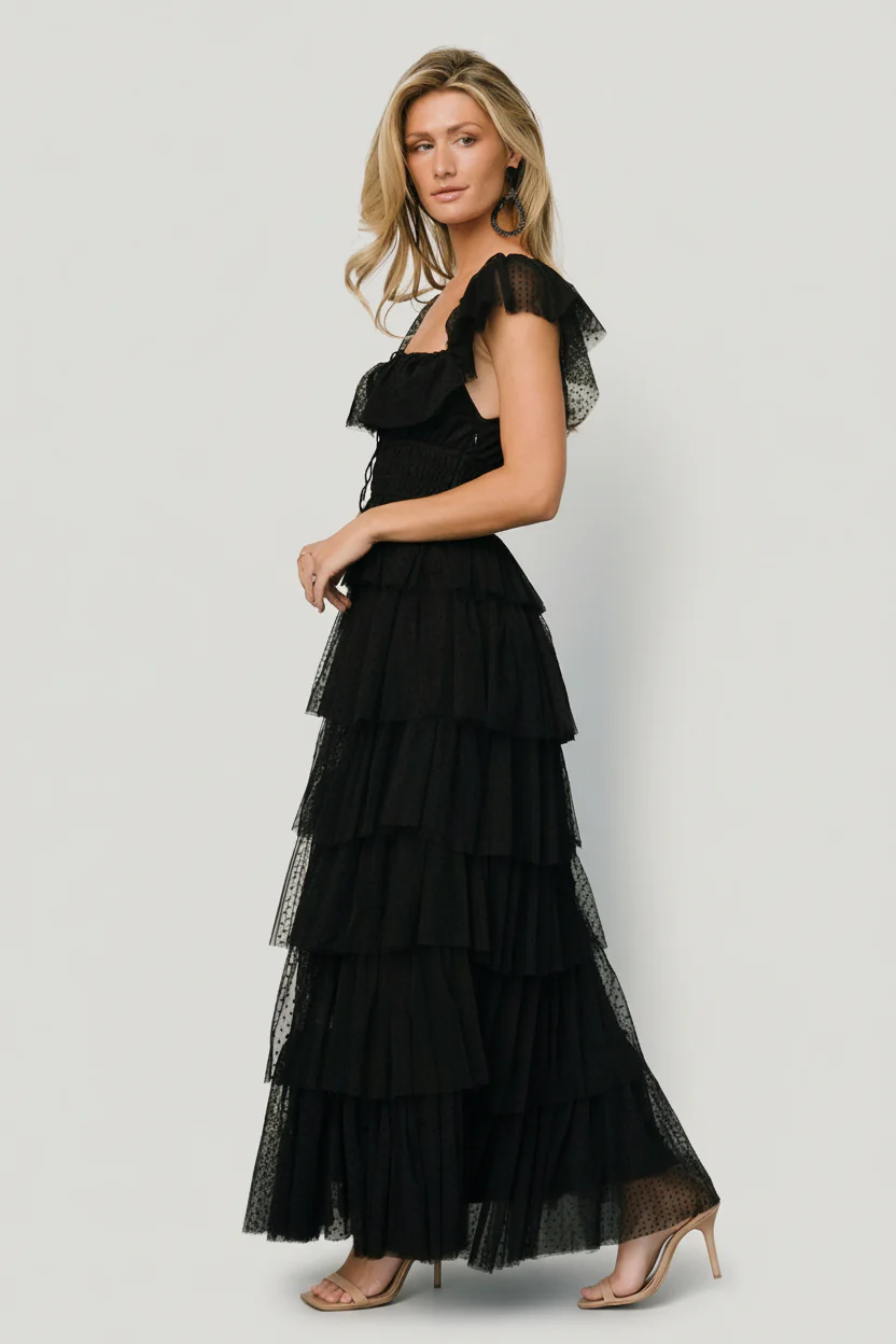 Valora Swiss Dot Tulle Maxi Dress | Black - Image 7