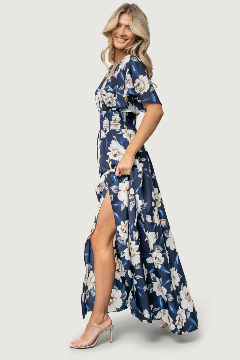 Verona Smocked Maxi Dress | Navy + White Floral - Image 4