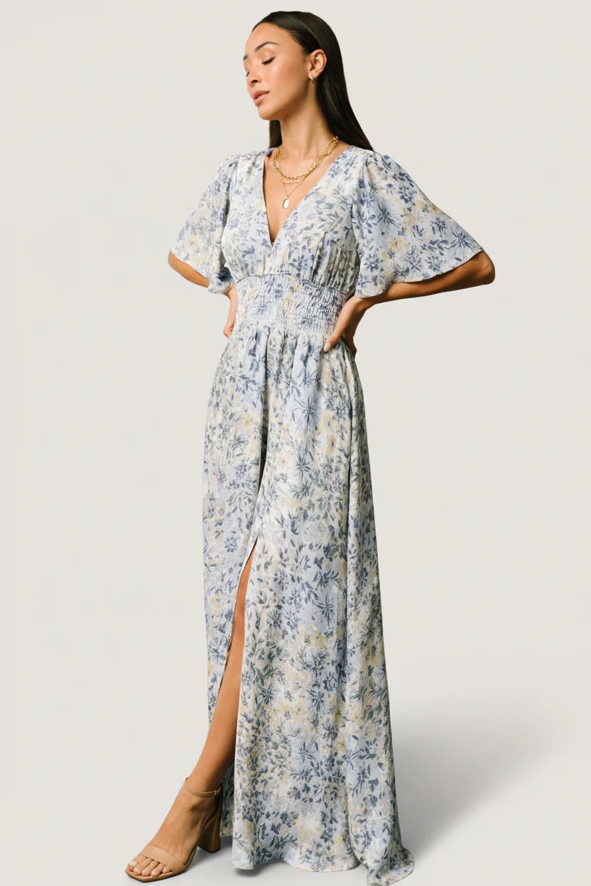 Verona Smocked Maxi Dress | White + Blue Print - Image 4